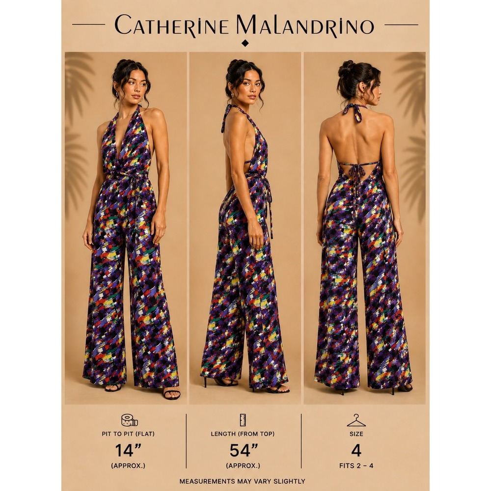 Catherine Malandrino Abstract Print Halter Wide Leg Jumpsuit Multicolor Size 4